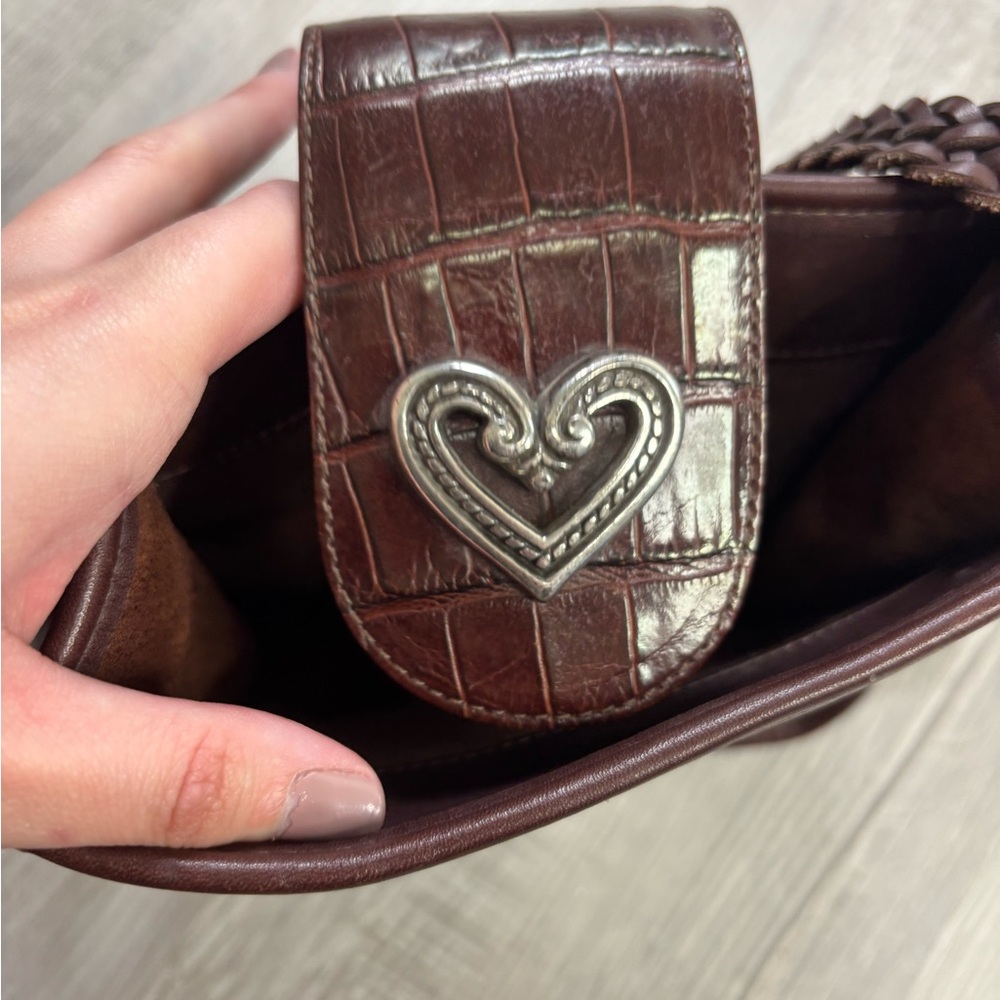 Brighton Gloria Mahogany Brown Croc Embossed Woven Leather Bucket Crossbody Bag - Picture 8 of 10